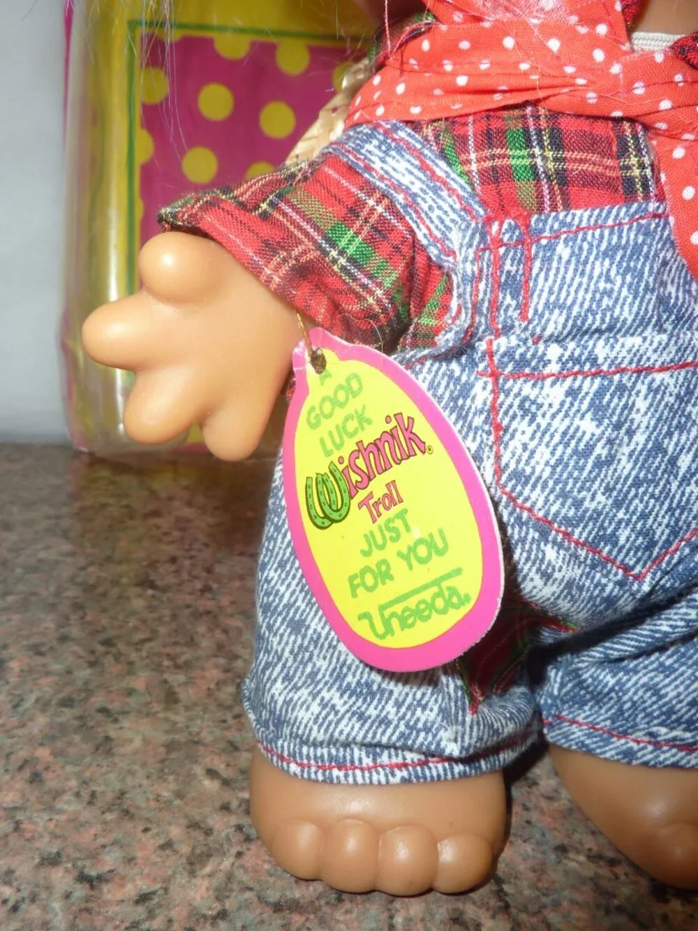 1991 Uneeda Wishnik Farmer 8 inch TROLL Doll with packaging and label.